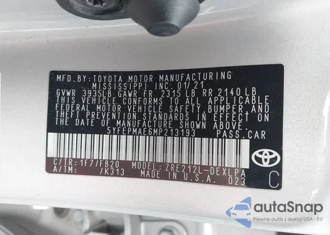 2021 Toyota Corolla Le from USA, damaged, VIN 5YFEPMAE6MP213193
